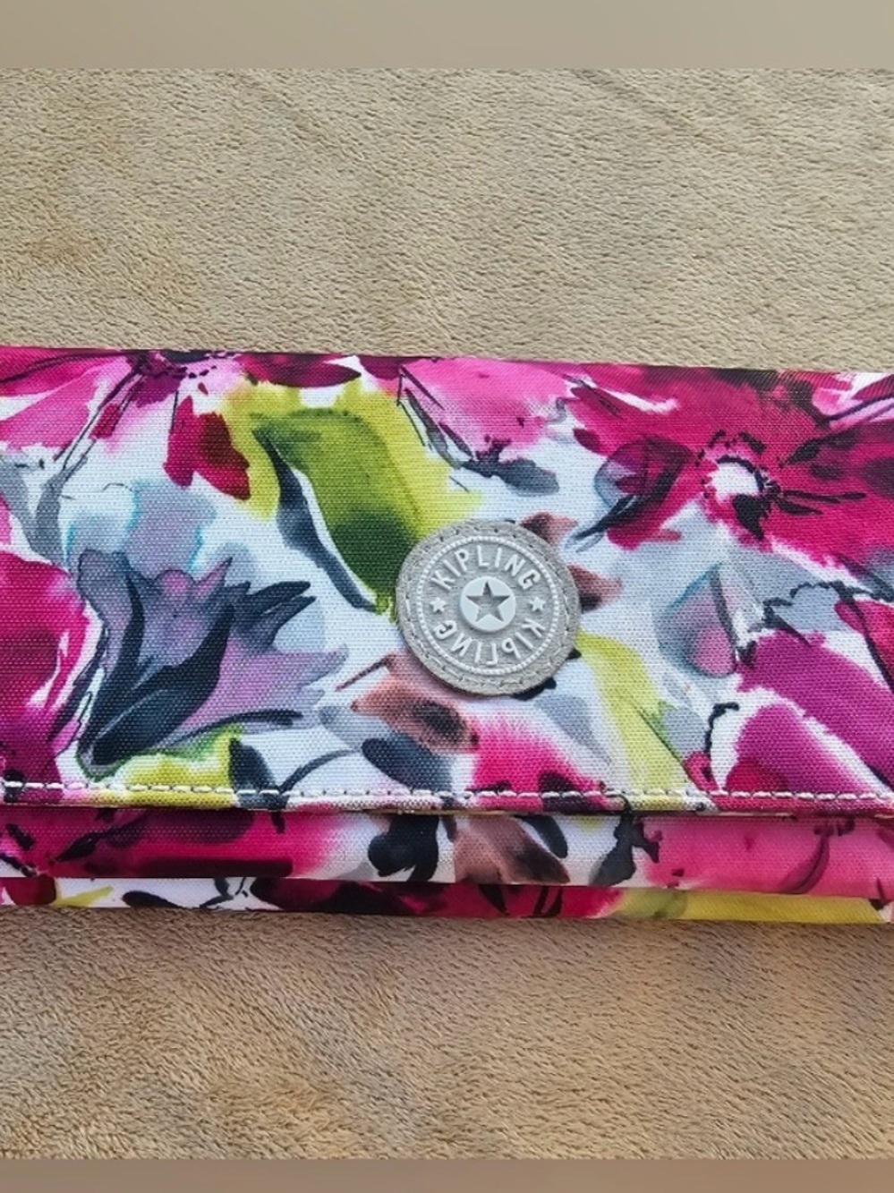 Kipling Floral Foldover Wallet in Pink, Green and Black